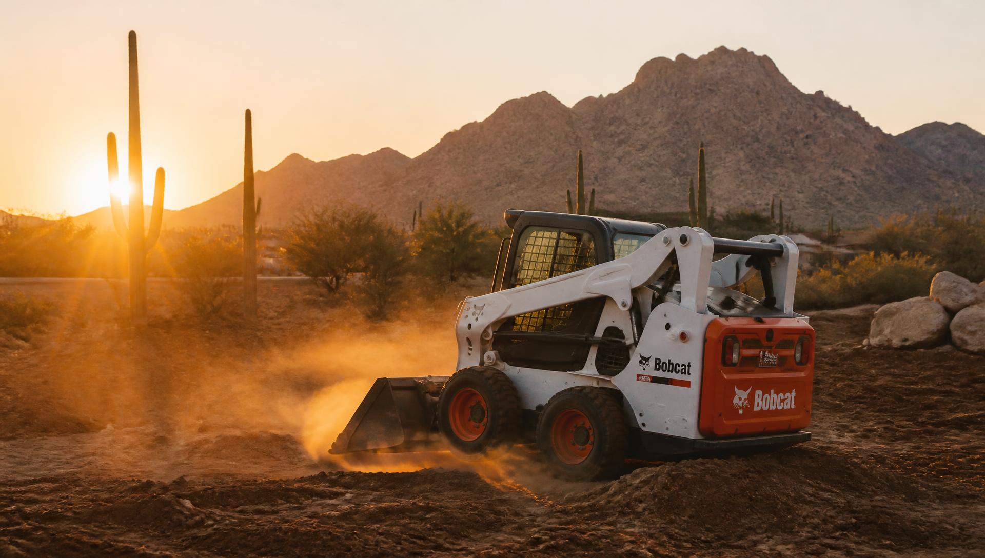 Skid steer working desert dirt at golden hour outside Phoenix, Arizona